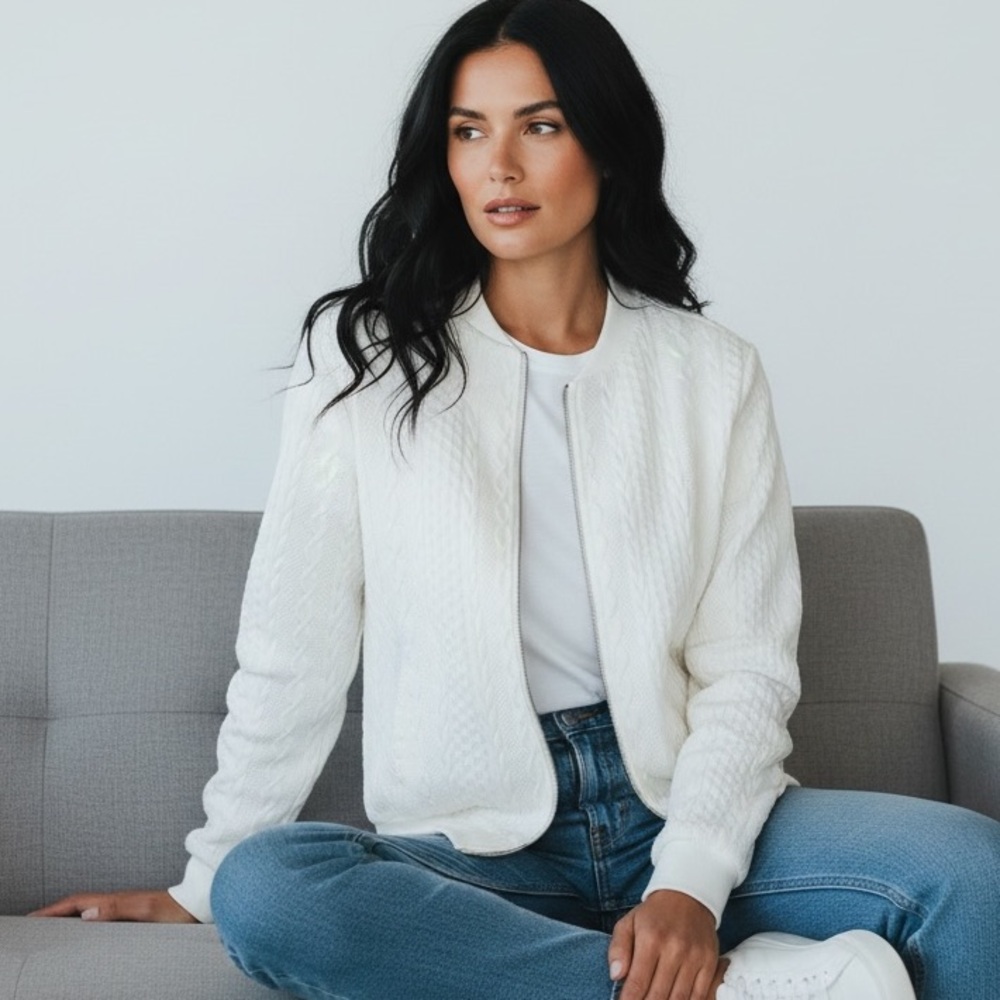 White Textured Zip-Up Jacket XXL Polyester, soft, comfy, long sleeve